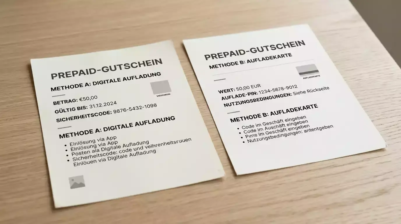 CashtoCode-Voucher neben einer Paysafecard als Vergleich zweier Prepaid-Zahlungsmethoden fürs Casino
