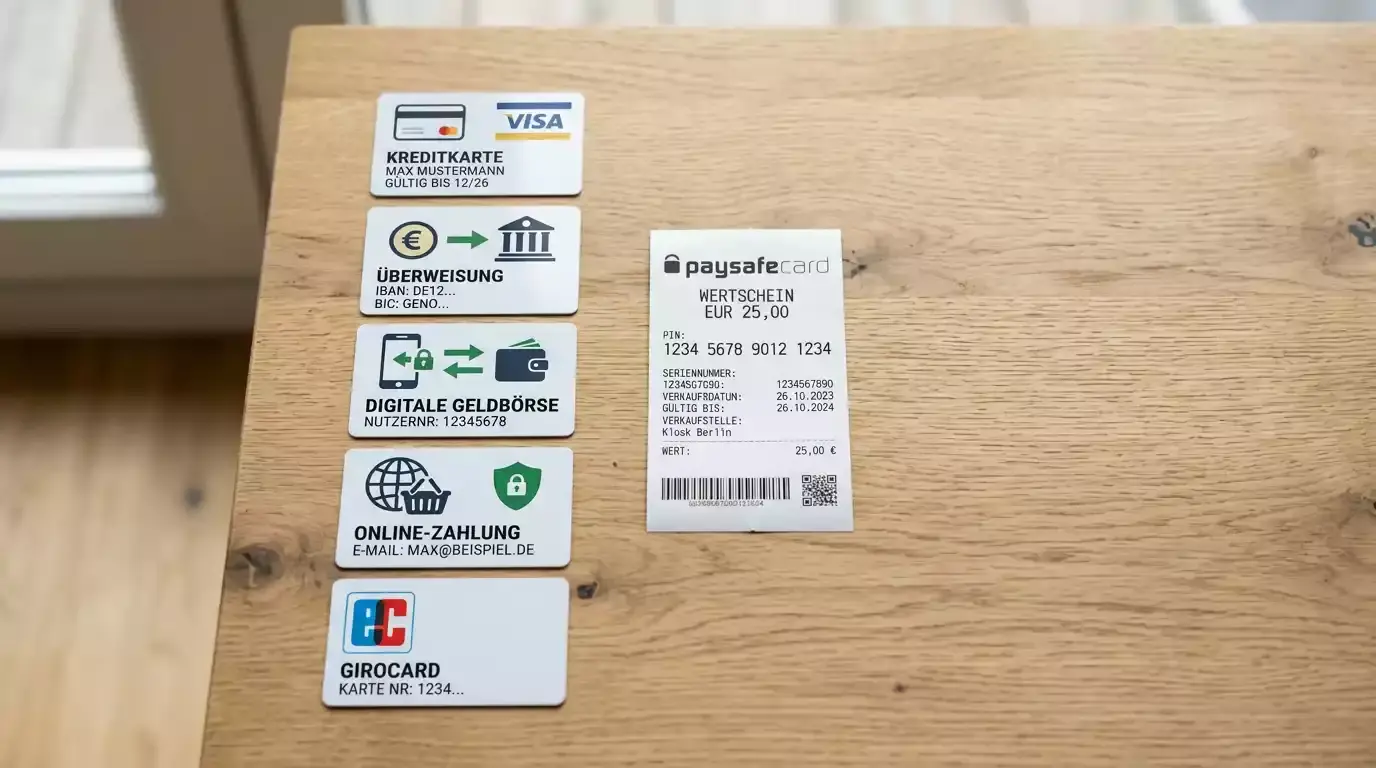 Verschiedene Zahlungsmethoden-Symbole neben einem Paysafecard-Voucher als Vergleich der Casino-Zahlungswege
