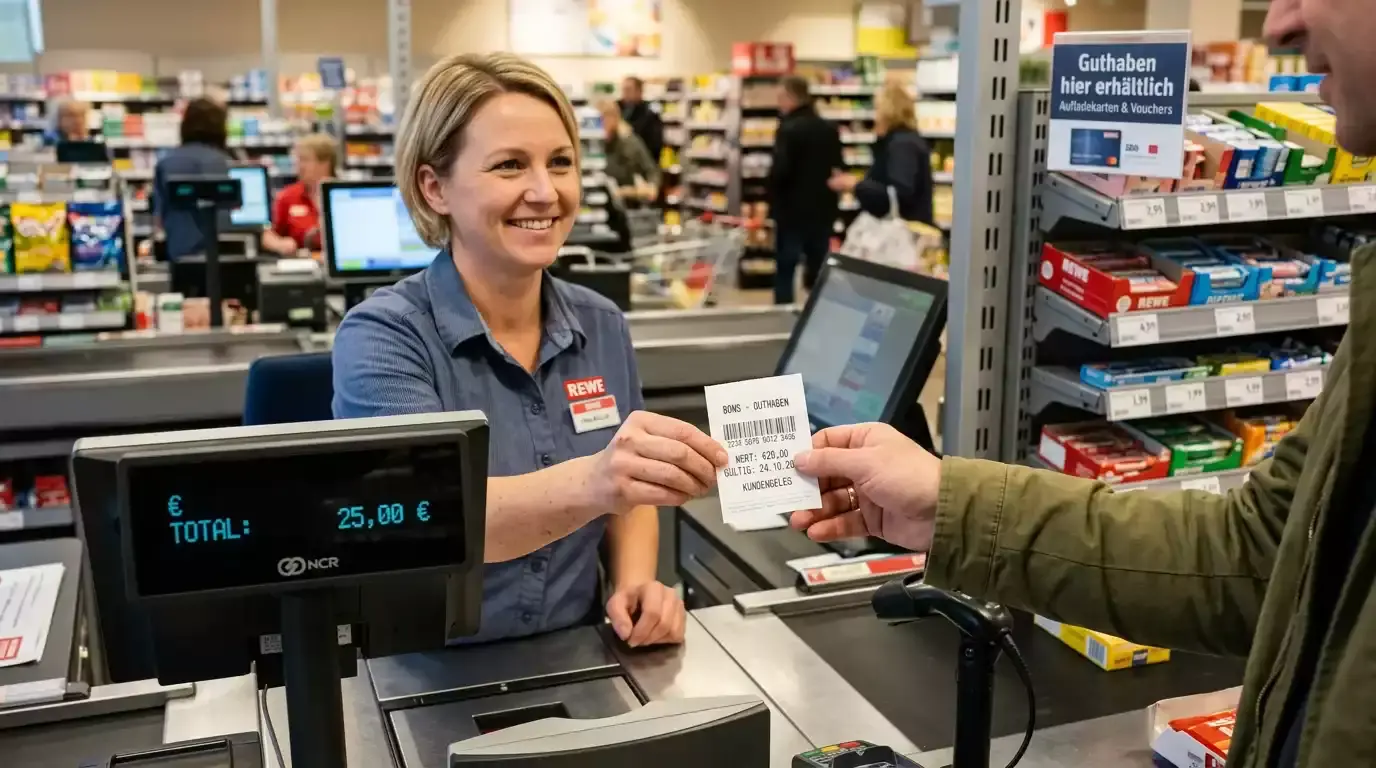 Kundin kauft an der Kasse einer Verkaufsstelle mit Bargeld einen Paysafecard-Voucher mit 16-stelligem Prepaid-PIN