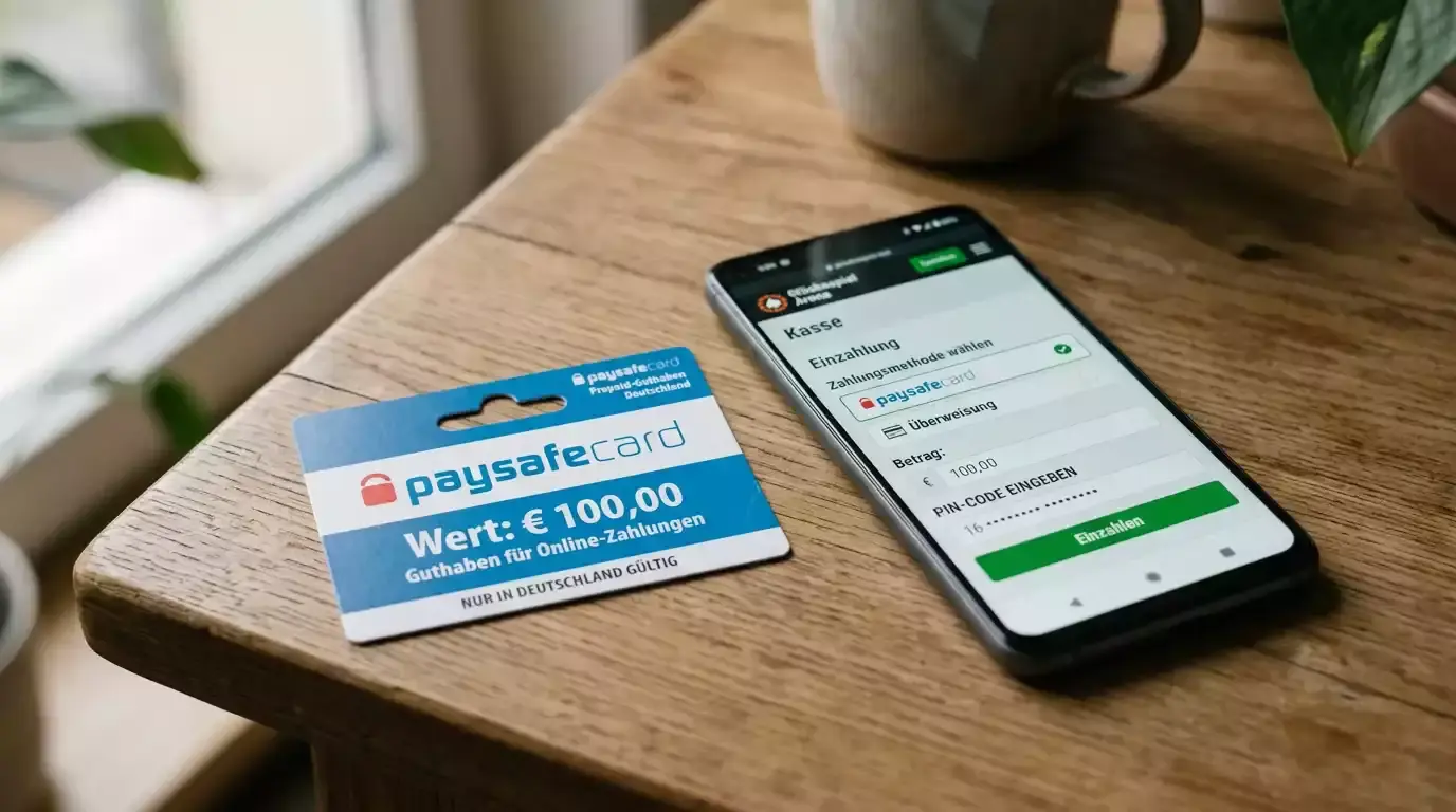 Paysafecard-Prepaid-Voucher auf einem Tisch neben einem Smartphone mit Casino-Kassenbereich