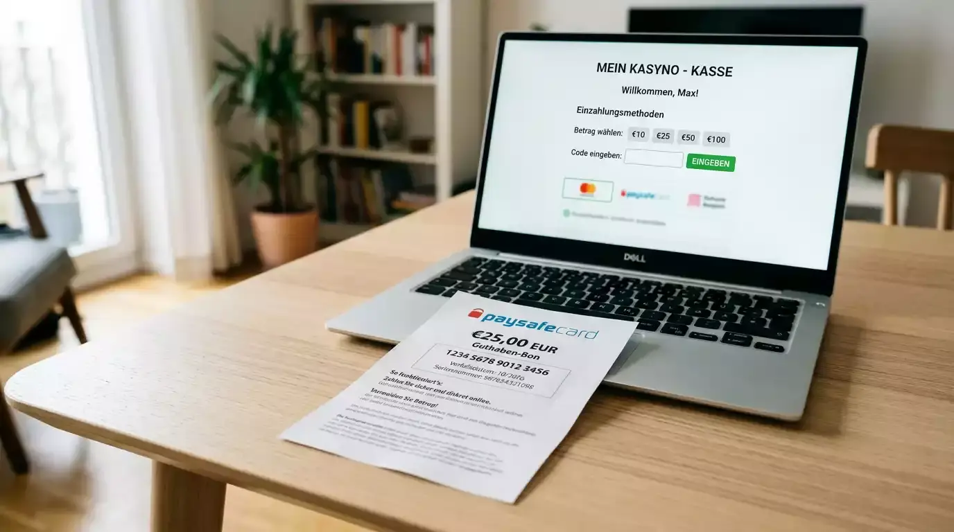 Paysafecard Voucher über 5 Euro vor dem Kassenbereich eines lizenzierten Online-Casinos