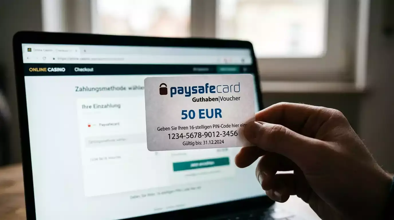Paysafecard-Prepaid-Voucher in einer Hand vor einem Laptop mit Online-Casino-Kassenbereich