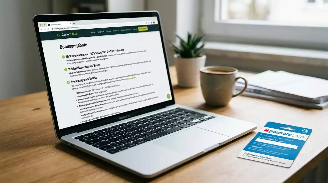 Laptop mit einer Online-Casino-Bonusseite und einer Paysafecard daneben auf dem Schreibtisch