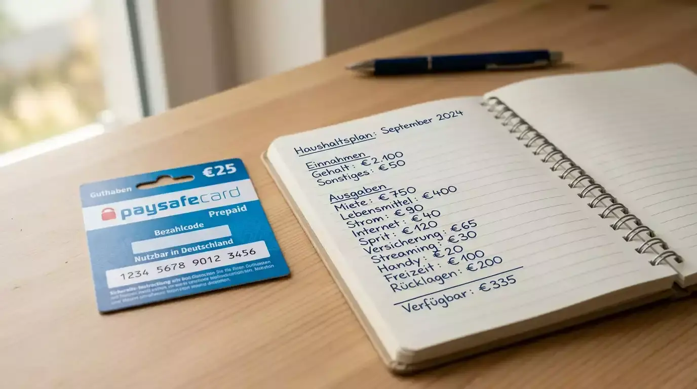 Paysafecard-Voucher neben einem Notizbuch mit Budgetplan als Symbol für bewusste Ausgabenkontrolle