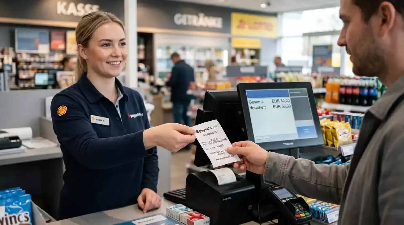 Paysafecard-Voucher an einer Tankstellen-Kasse als typische Verkaufsstelle für den 16-stelligen PIN