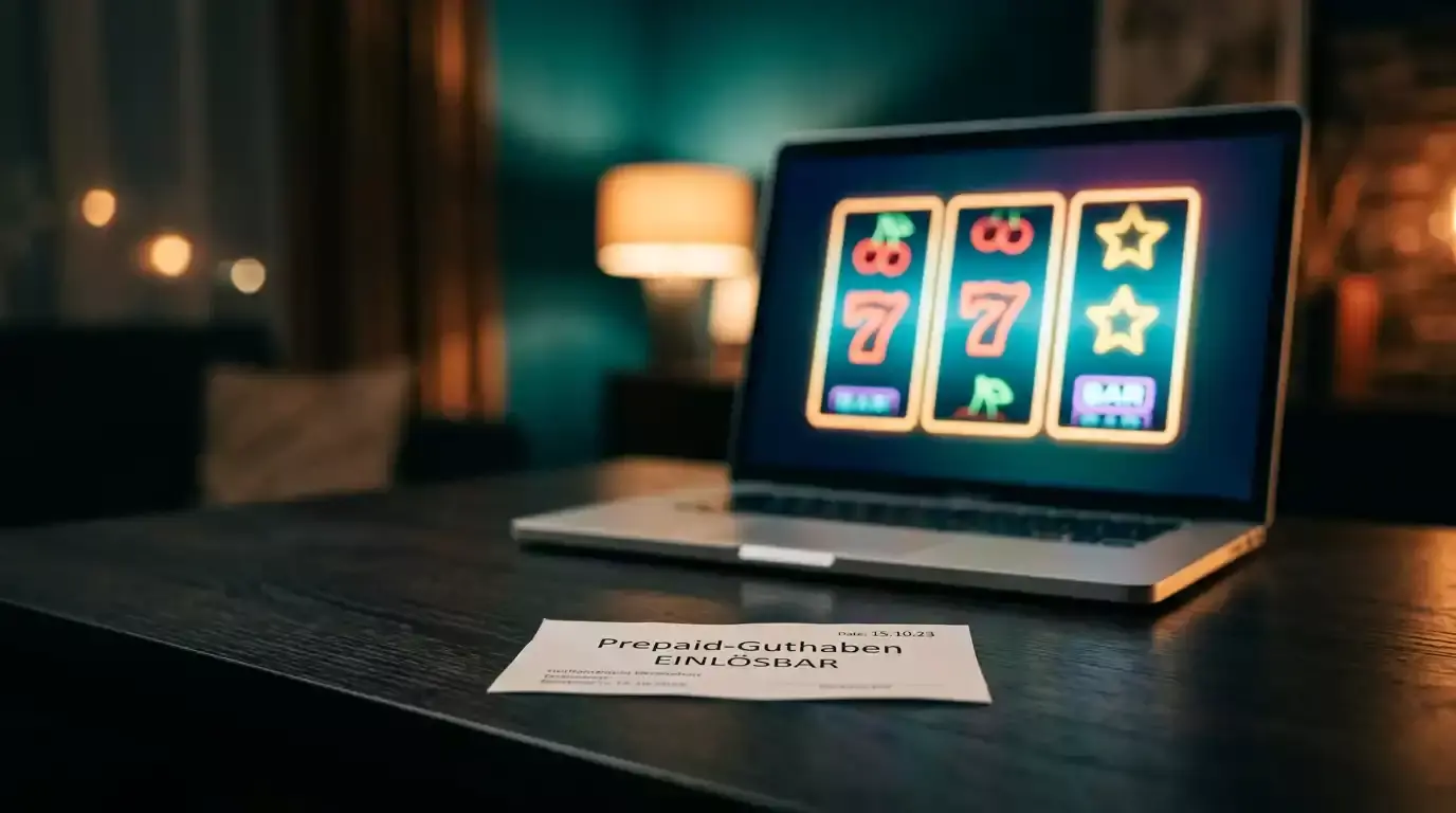Paysafecard-Prepaid-Voucher liegt vor einem leuchtenden Online-Slot auf einem Laptop in einem GGL-lizenzierten Casino in Deutschland