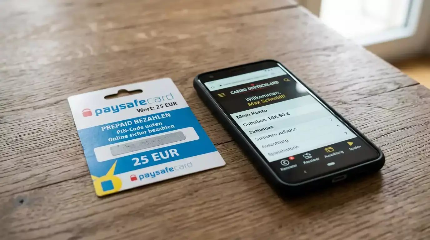 Paysafecard-Prepaid-Voucher neben einem Smartphone mit geöffnetem Online-Casino-Konto auf einem Tisch