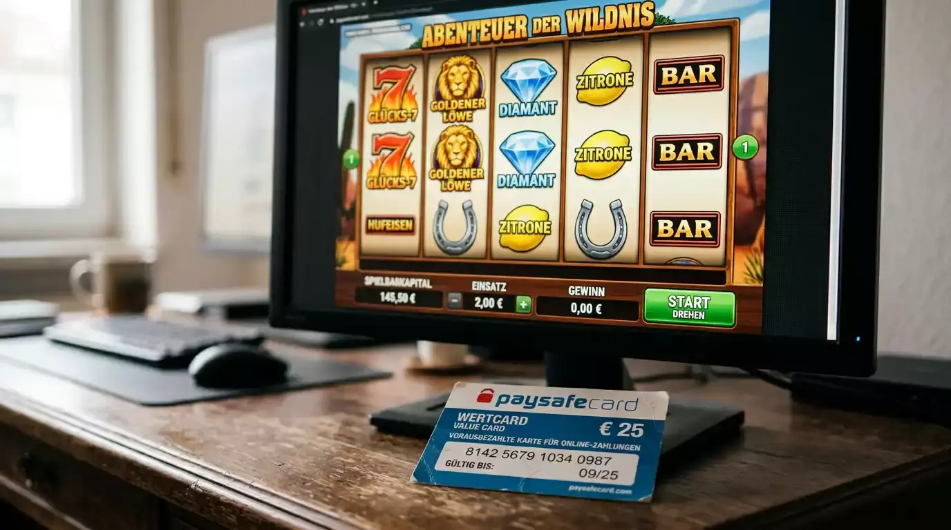 Slot-Walzen mit Freispiel-Symbol neben einer Paysafecard zur Erklärung der Freispiel-Bedingungen