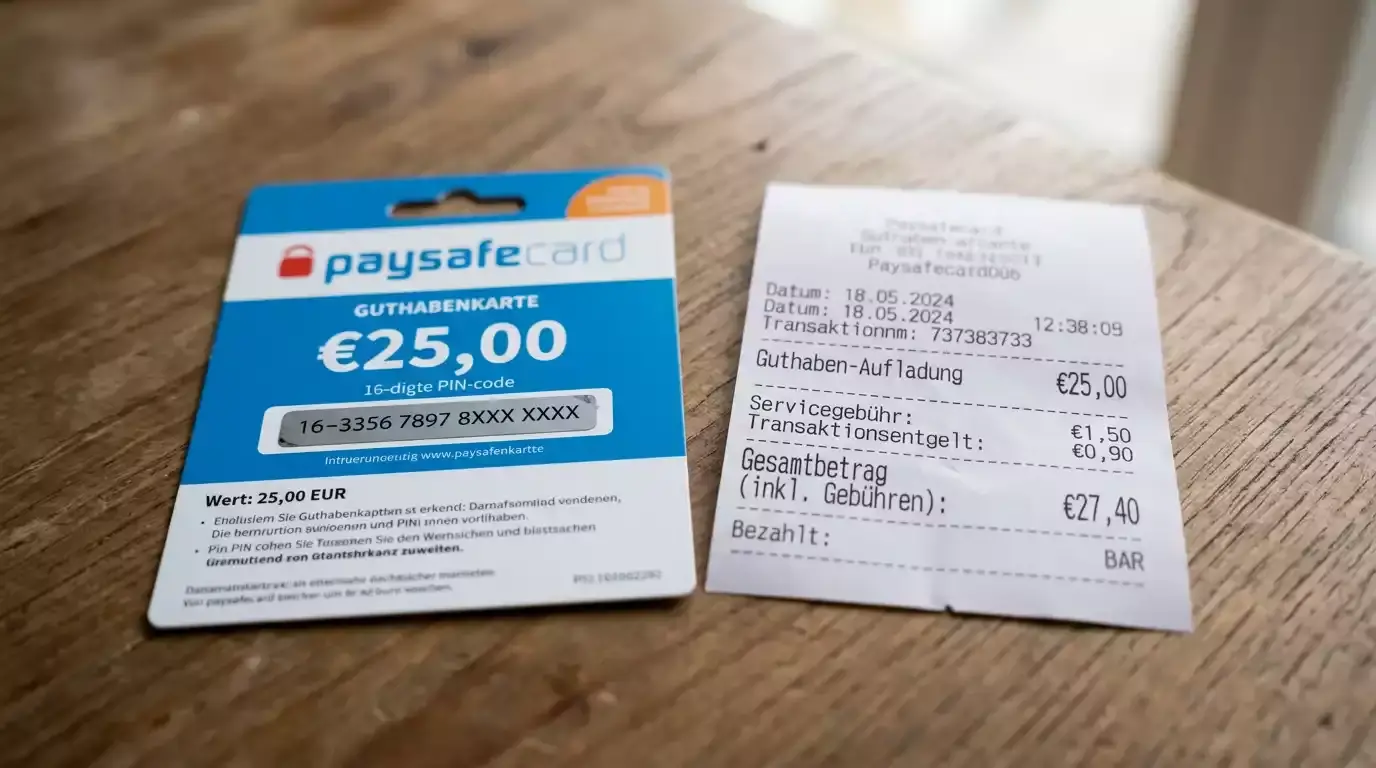 Paysafecard-Prepaid-Voucher neben einem gedruckten Kassenbon zur Veranschaulichung möglicher Gebühren