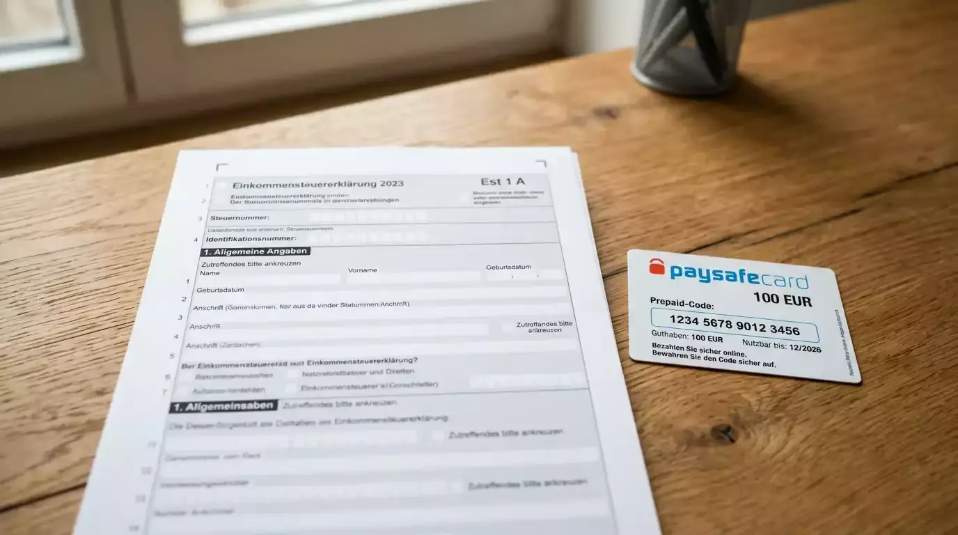 Steuerformular neben einer Paysafecard zur Veranschaulichung der Besteuerung von Casino-Gewinnen