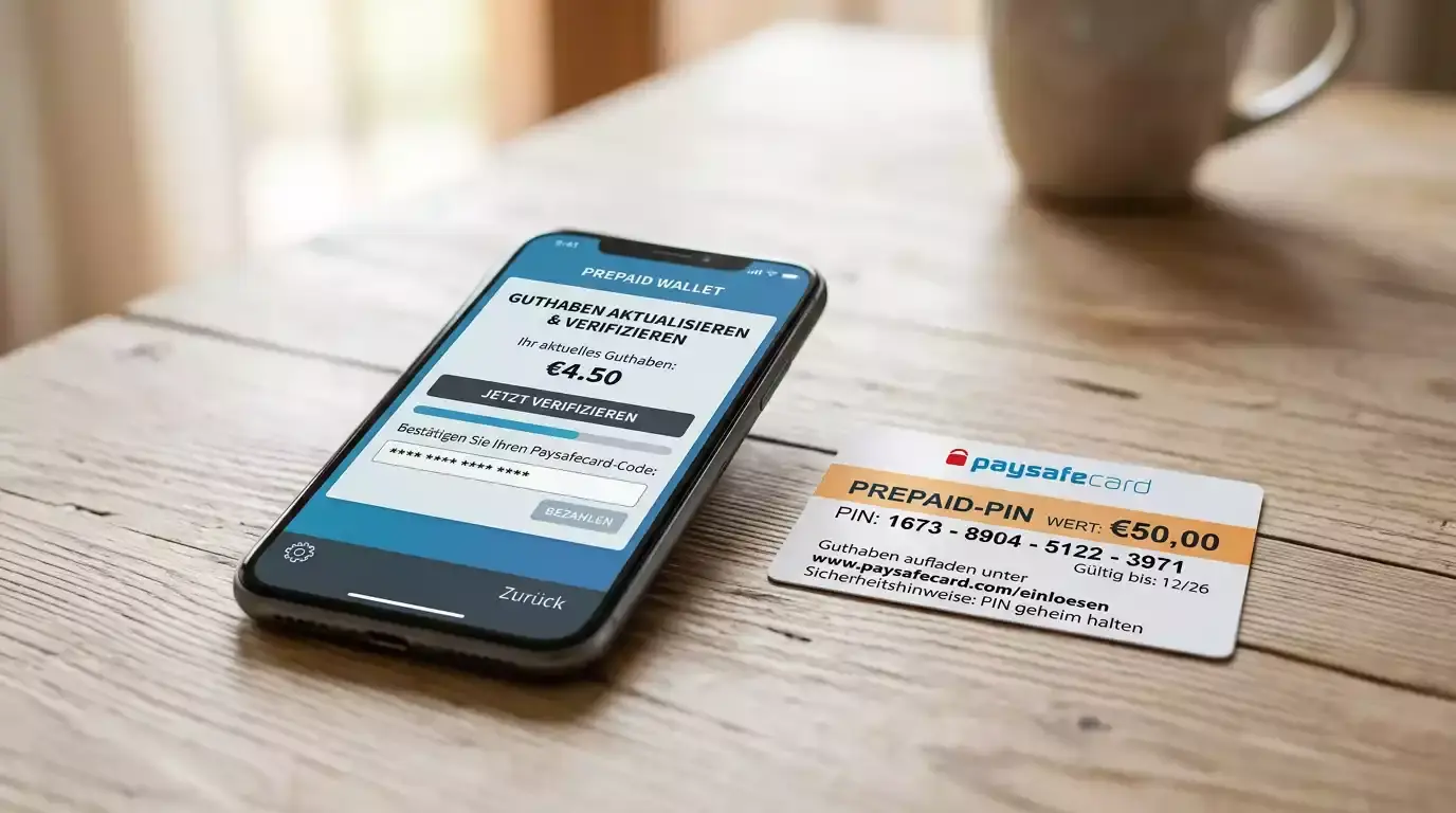 Smartphone mit geöffnetem myPaysafe-Konto und Verifizierungsschritt neben einer Paysafecard