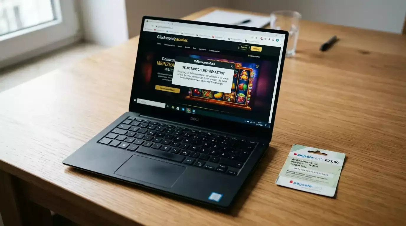 Laptop mit einer Online-Casino-Sperrhinweisseite und einer Paysafecard daneben auf dem Tisch
