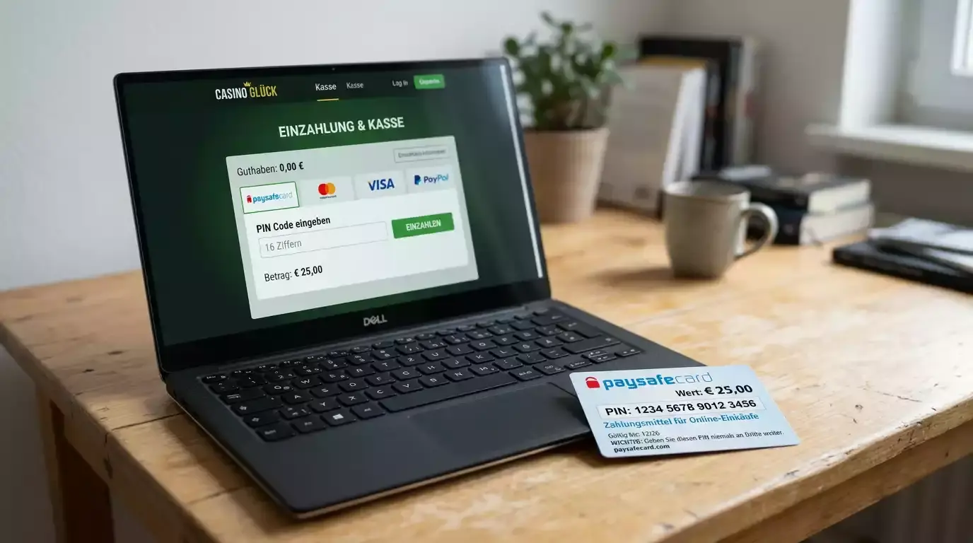 Laptop mit einem Online-Casino-Kassenbereich und einer Paysafecard auf einem Schreibtisch