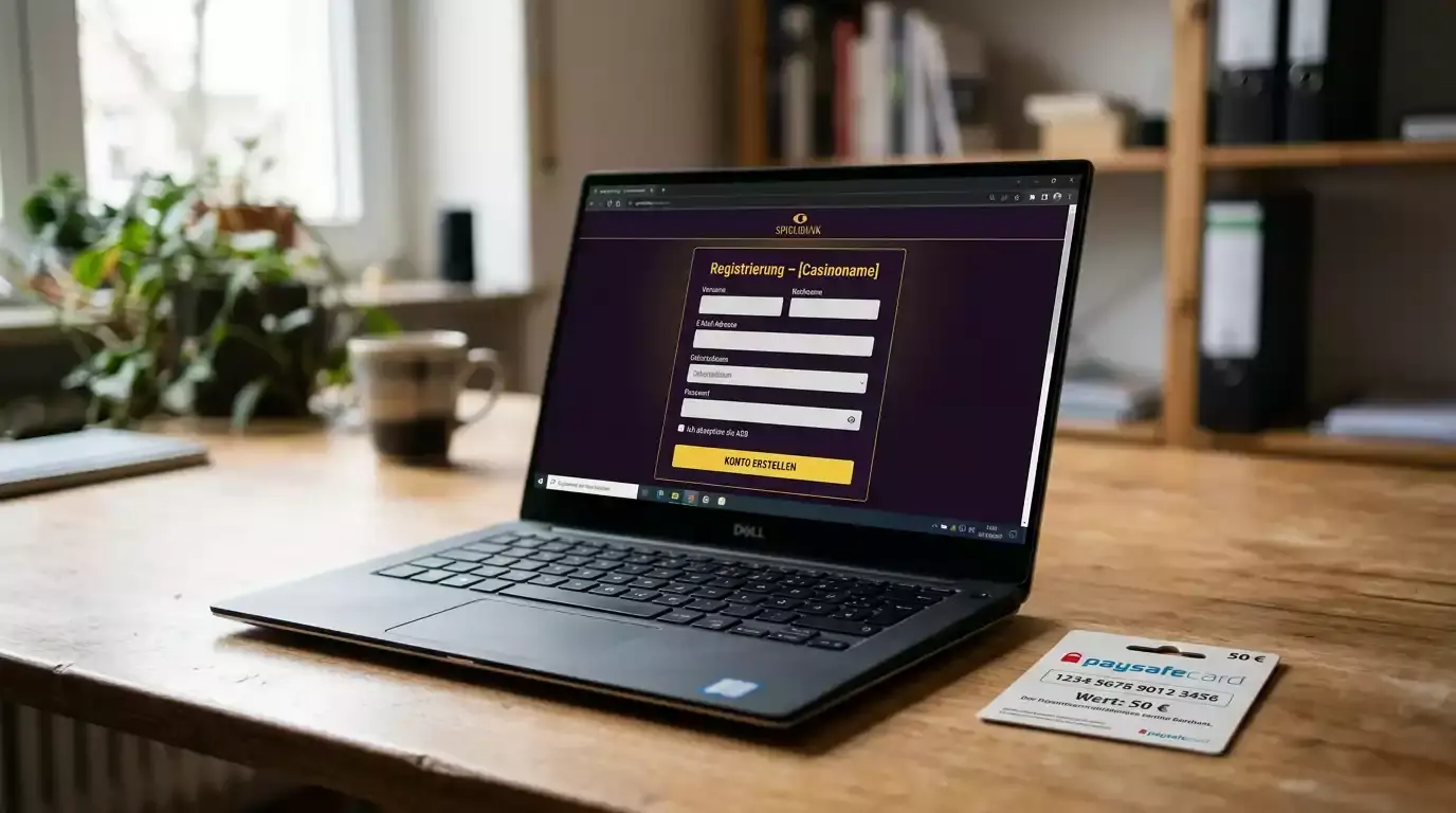 Laptop mit einem Online-Casino-Anmeldeformular und einer Paysafecard daneben auf dem Schreibtisch