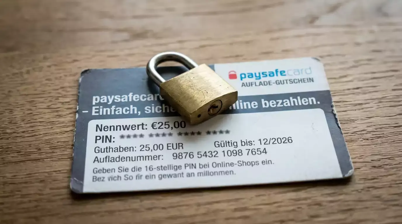 Kleines Vorhängeschloss auf einem Paysafecard-Prepaid-Voucher als Hinweis auf sicheren Umgang mit dem Code