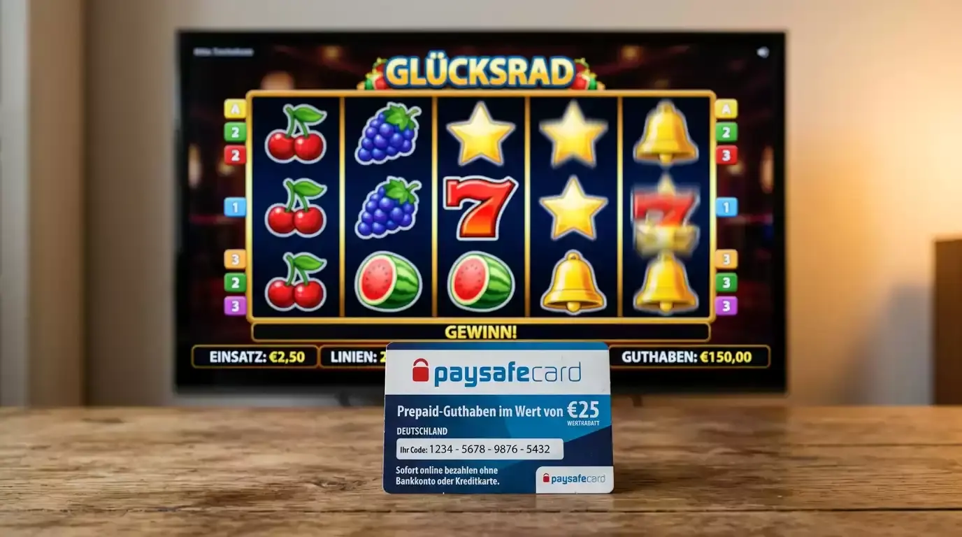 Slot-Walzen eines virtuellen Automatenspiels neben einer Paysafecard zur Veranschaulichung der Einzahlung
