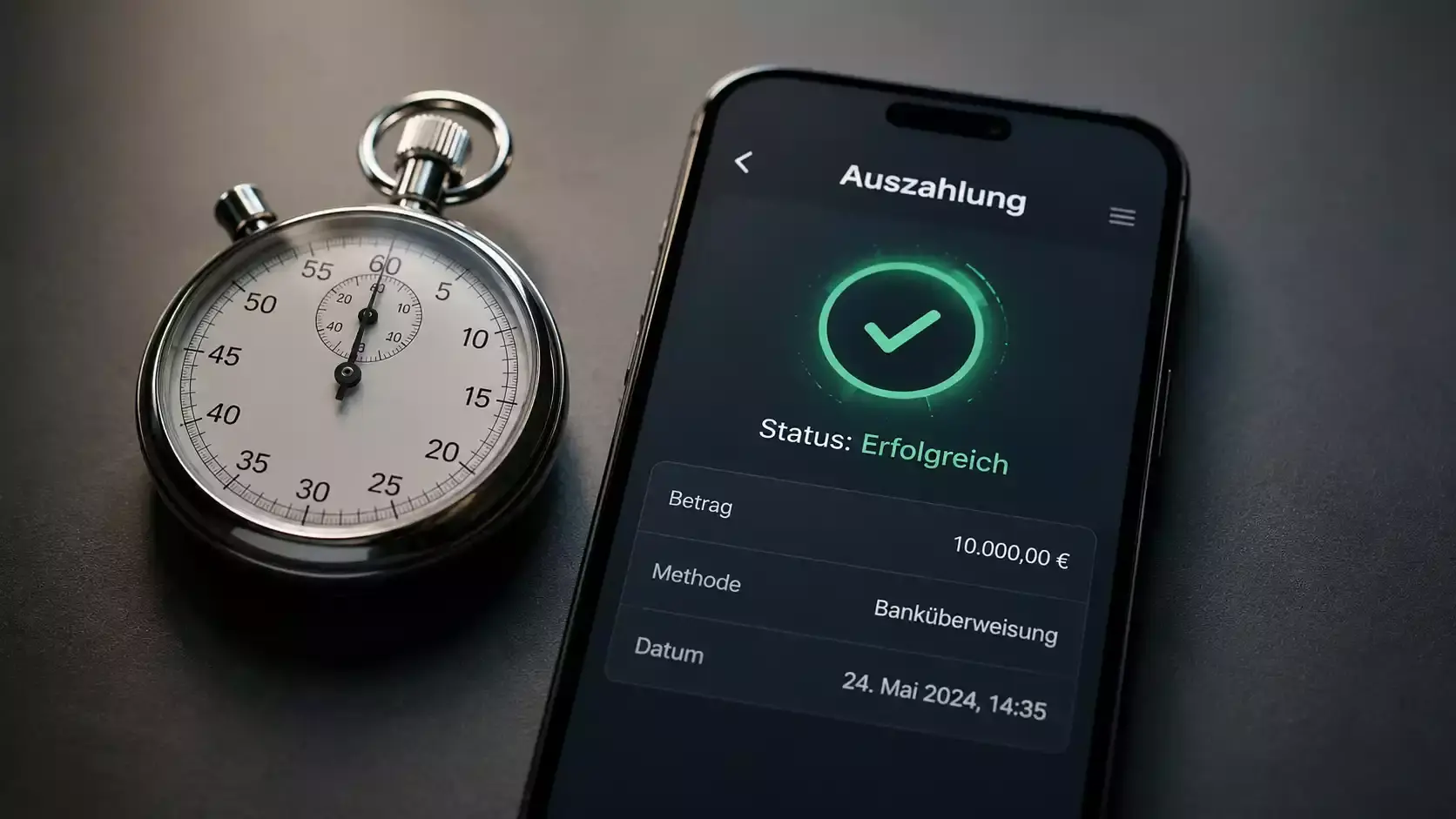 Stoppuhr neben einem Smartphone mit Casino-Auszahlungsbildschirm zur Veranschaulichung der Auszahlungsgeschwindigkeit