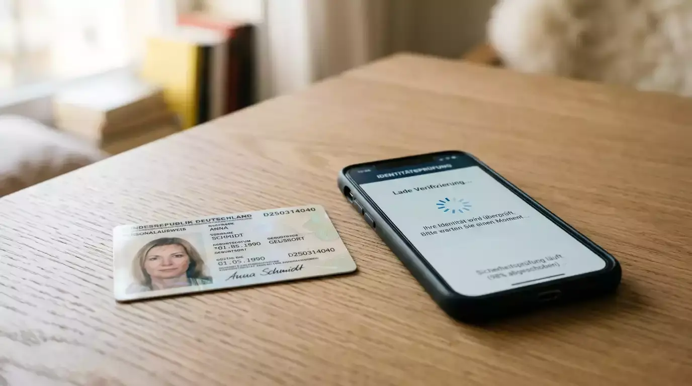 Ausweisdokument und Smartphone beim KYC-Verifizierungsprozess eines lizenzierten Online-Casinos