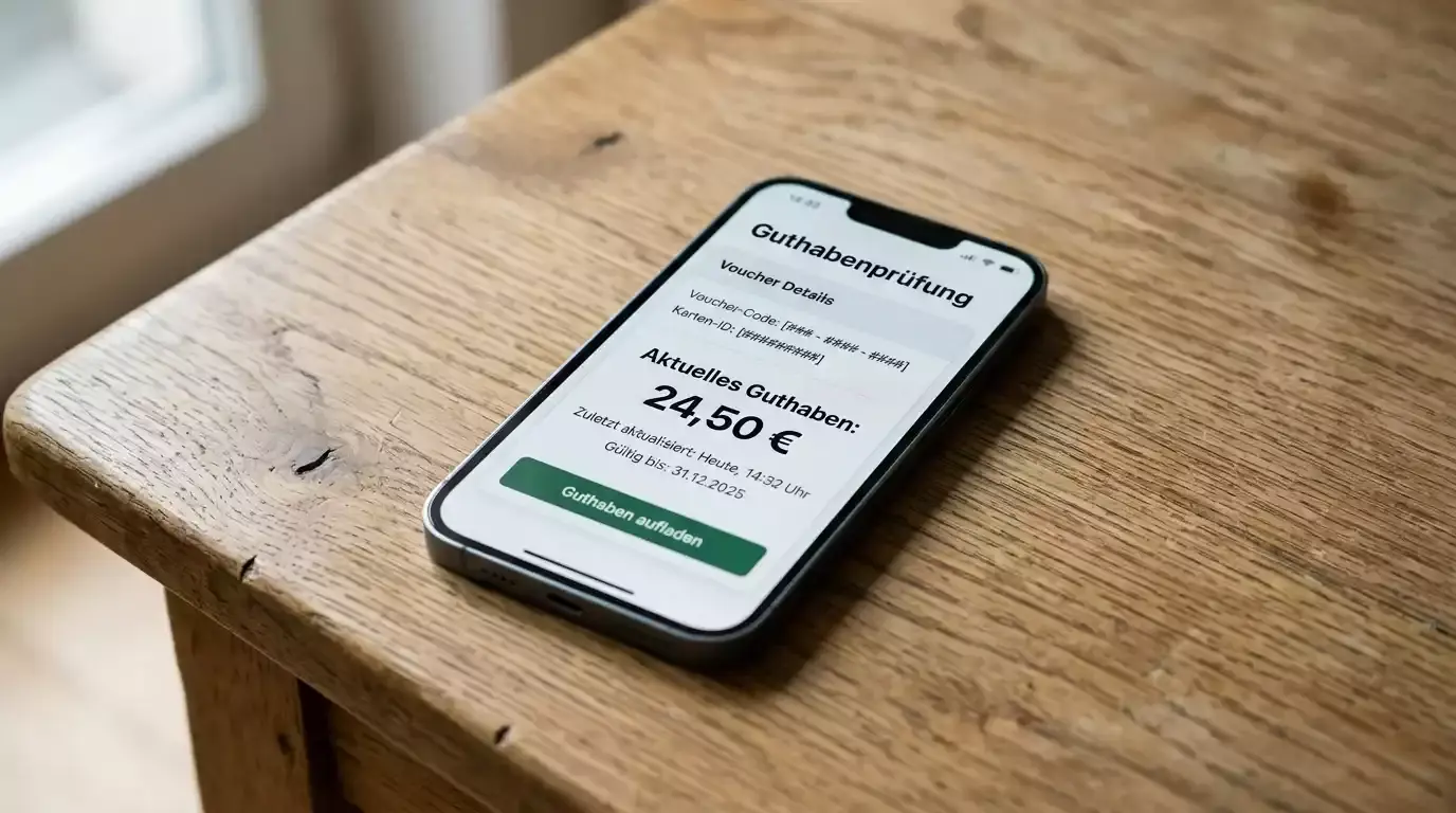 Smartphone-Bildschirm mit Paysafecard-Guthabenabfrage vor der Einzahlung im Casino