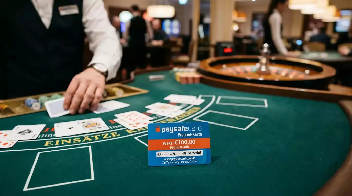 Live-Dealer-Tisch mit Kartenspiel und einer Paysafecard als Symbol für die Einzahlung im Live-Casino