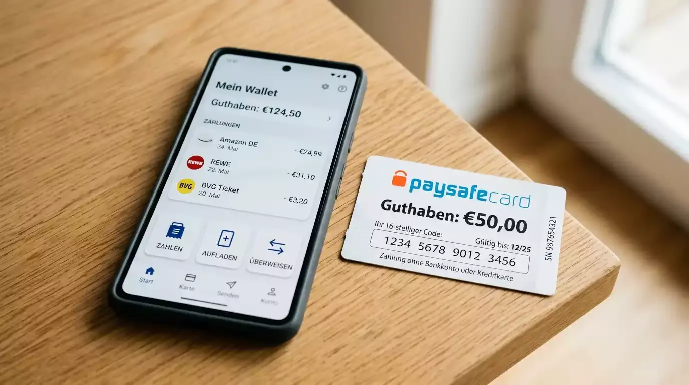 Smartphone mit MuchBetter-App neben einem Paysafecard-Voucher als mobiler Zahlungsvergleich fürs Casino