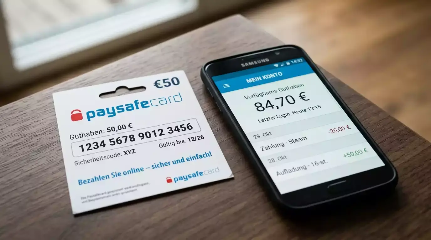 Gegenüberstellung von Paysafecard-Voucher und Skrill-E-Wallet als Casino-Zahlungsmethoden