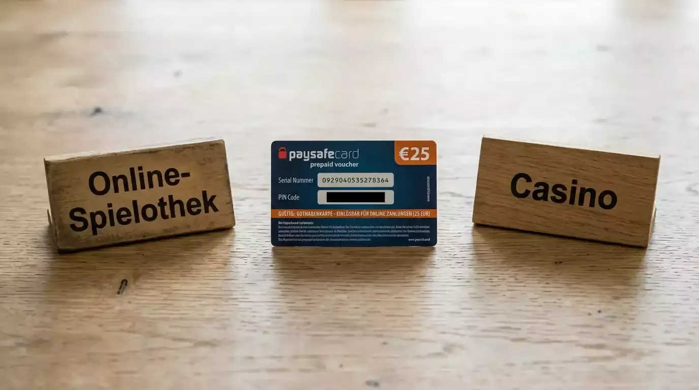 Schriftzug Online-Spielothek und Casino nebeneinander mit einer Paysafecard zur Erklärung der Begriffsunterschiede