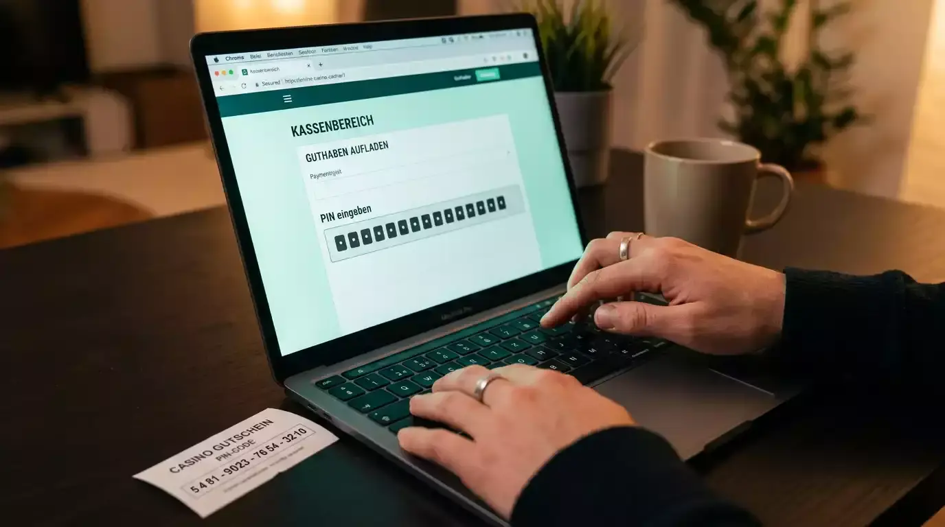 Spieler gibt den 16-stelligen Paysafecard-PIN im Kassenbereich eines lizenzierten Online-Casinos am Laptop ein